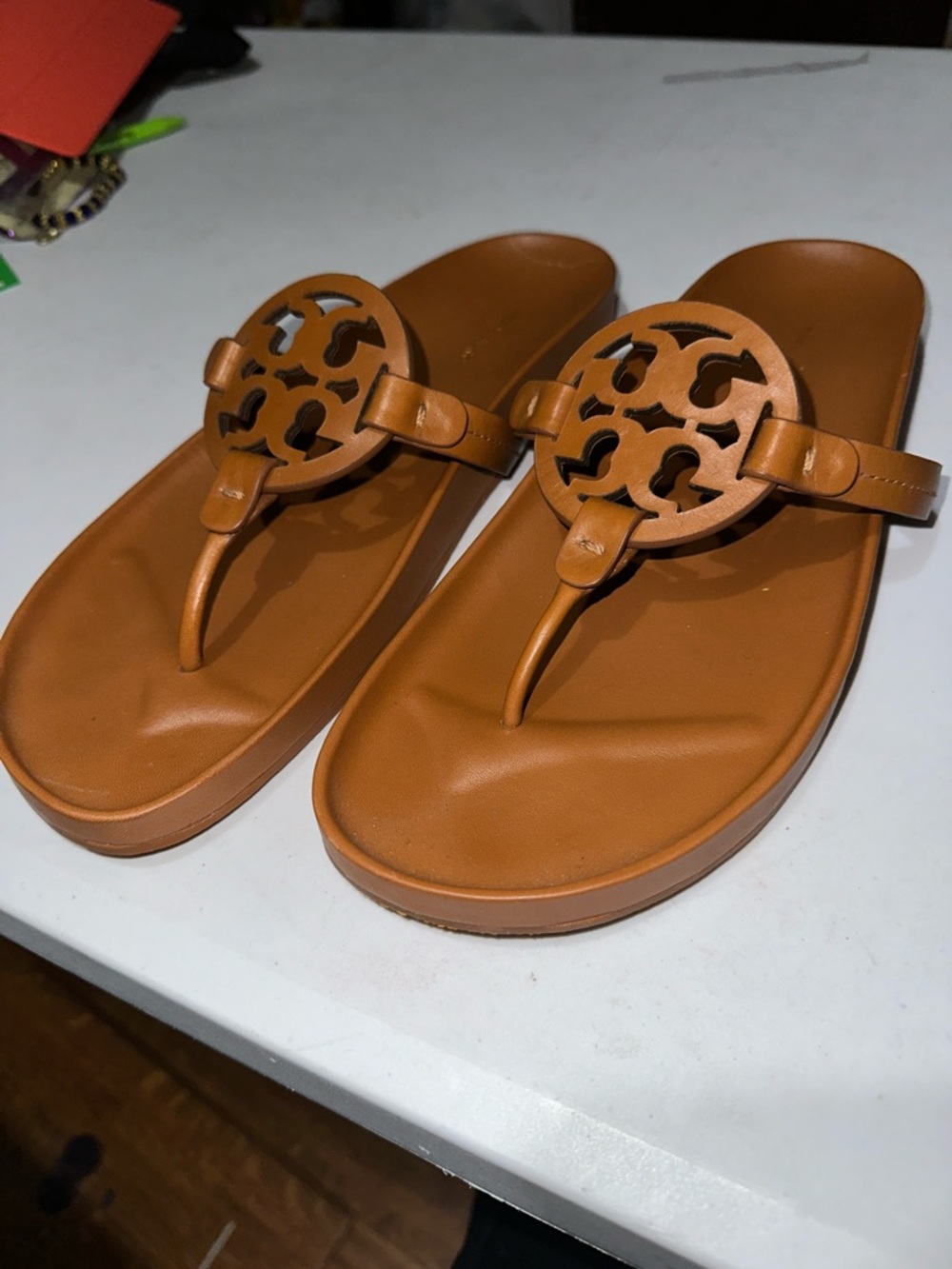 Tory Burch Cognac Leather Logo Thong Sandals